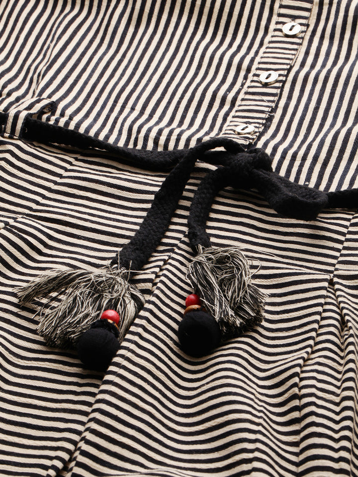 Neerus Women Beige Black Striped A-Line Kurta