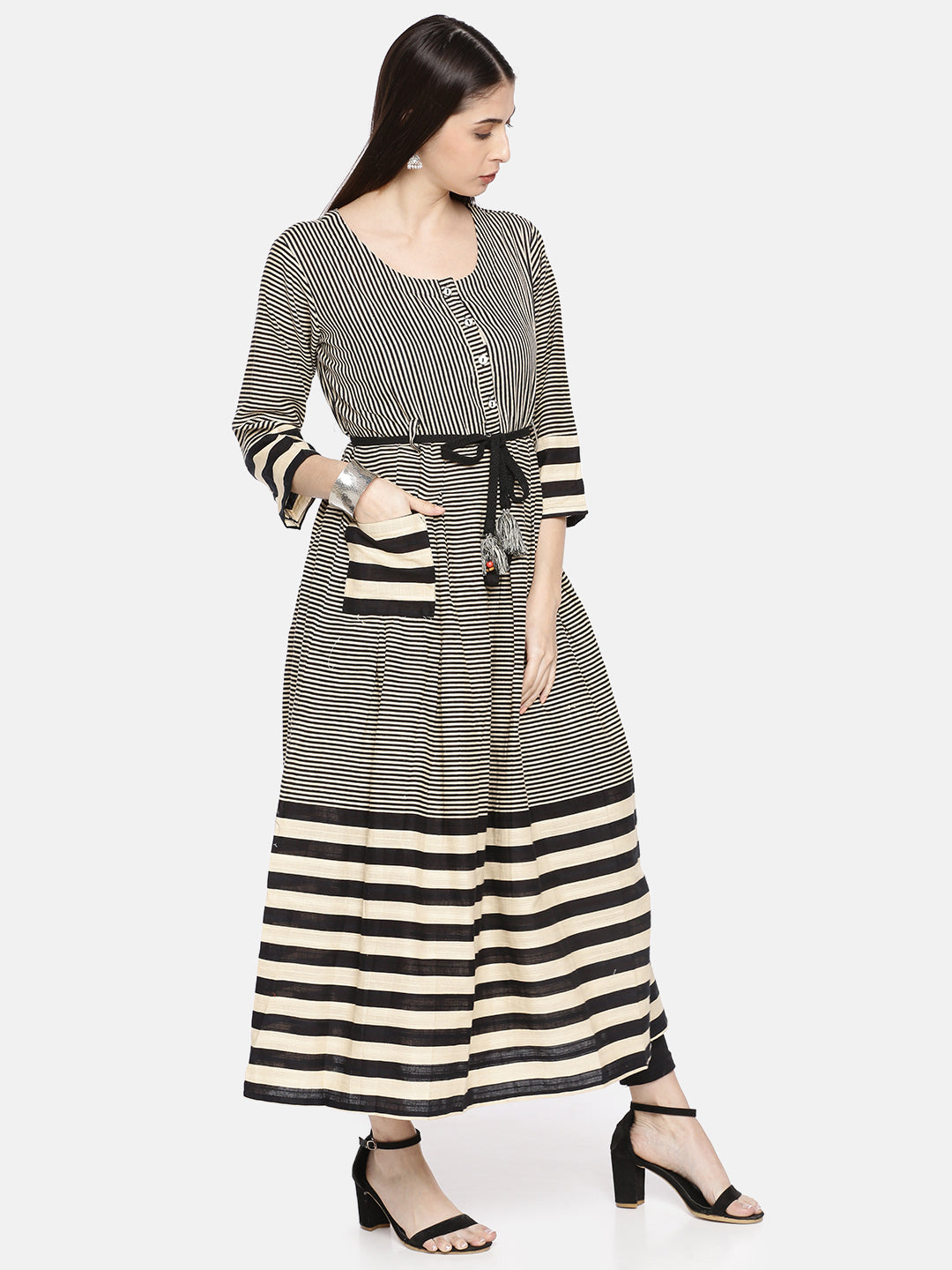 Neerus Women Beige Black Striped A-Line Kurta
