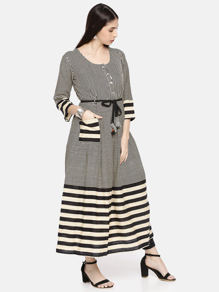 Neerus Women Beige Black Striped A-Line Kurta