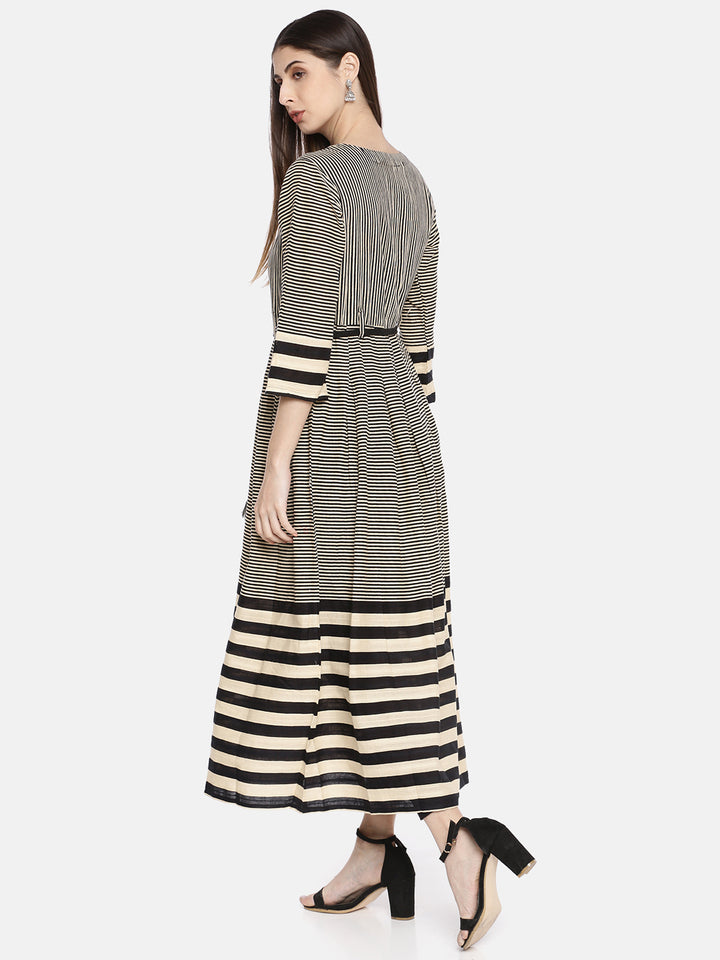 Neerus Women Beige Black Striped A-Line Kurta