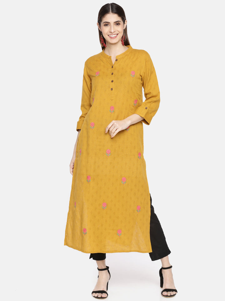 Neerus Yellow cotton woven A-Line kurta - front view