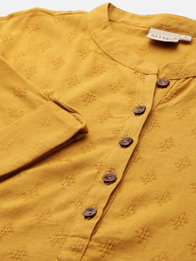 Neerus Women Mustard Yellow Woven Design A-Line Kurta