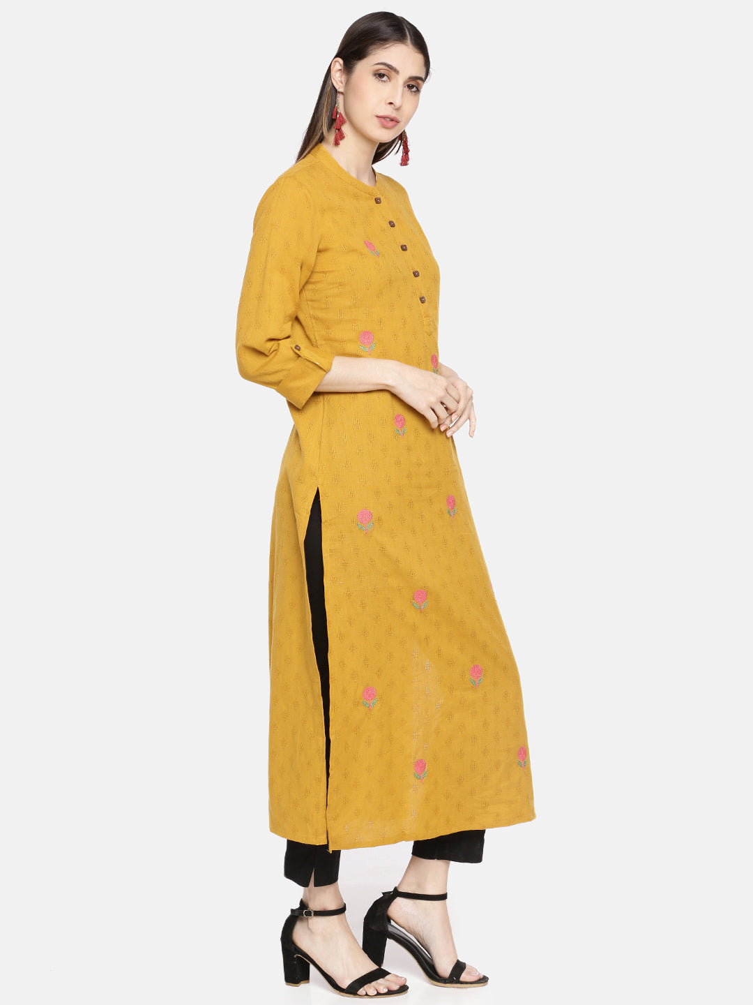 Neerus Yellow cotton woven A-Line kurta - side view