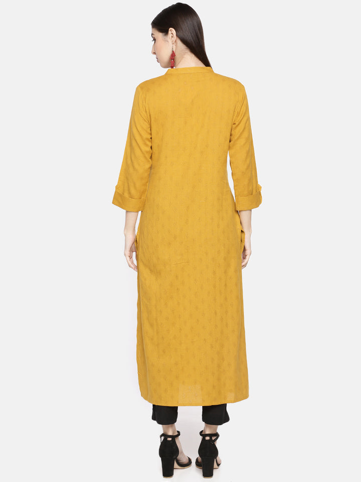Neerus Yellow cotton woven A-Line kurta - detail view 1