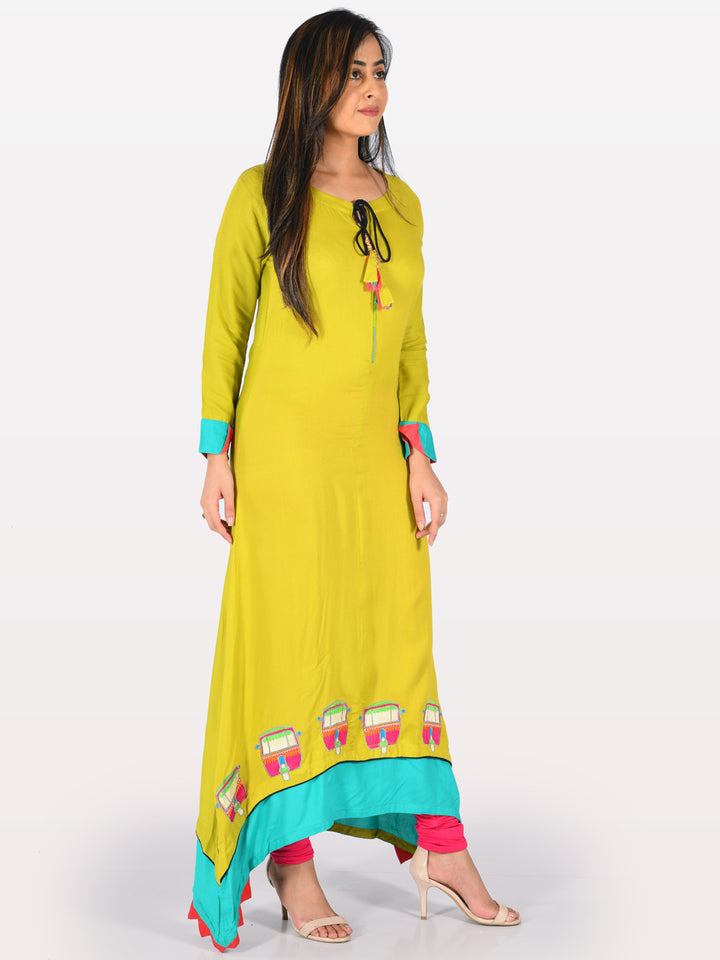 Neerus Green Embroidered High Low Kurta