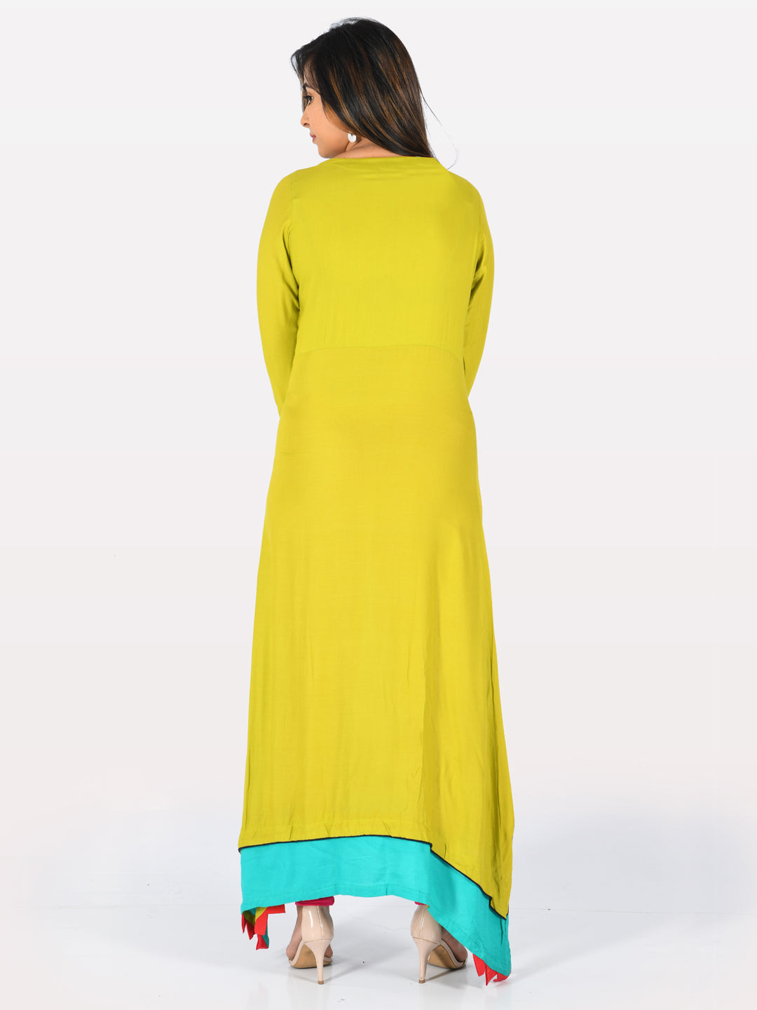 Neerus Green Embroidered High Low Kurta