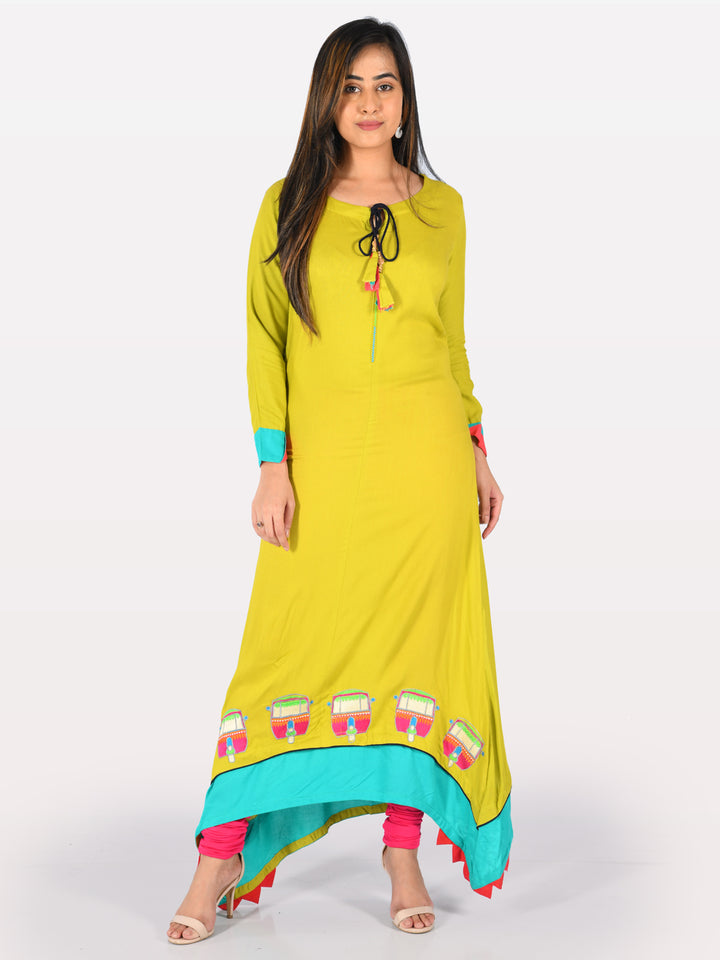 Neerus Green Embroidered High Low Kurta
