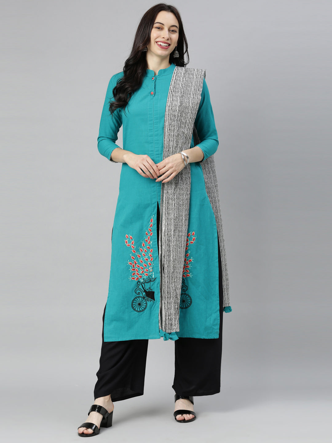 Neerus Rama Colour Slub Cotton Fabric Tunic Scarf