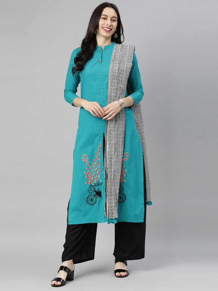 Neerus Rama Colour Slub Cotton Fabric Tunic Scarf