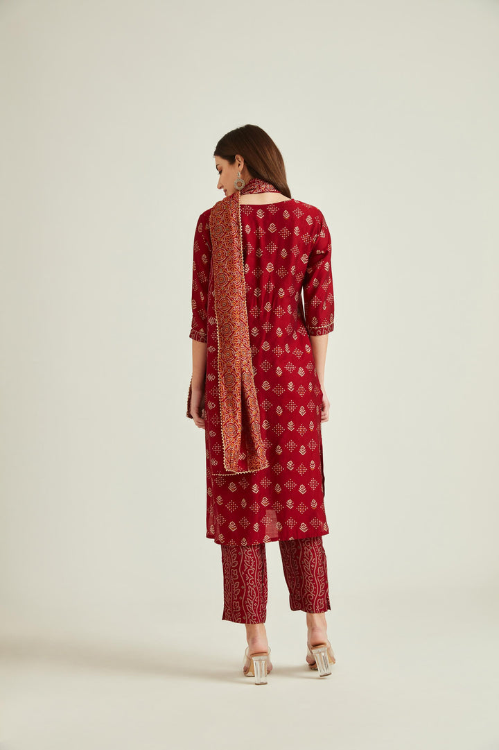 Neerus Maroon muslin mirror work kurta set - back view