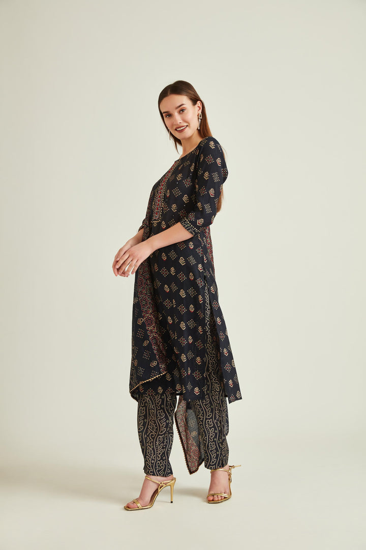 Neerus Blue muslin mirror work kurta set - front view