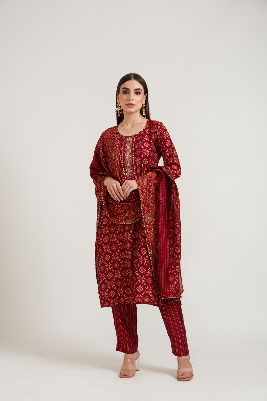 Neerus Maroon Color Muslin Fabric Suit Set