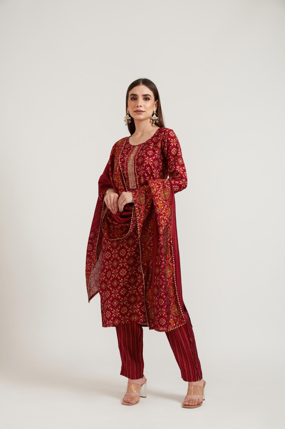 Neerus Maroon Color Muslin Fabric Suit Set