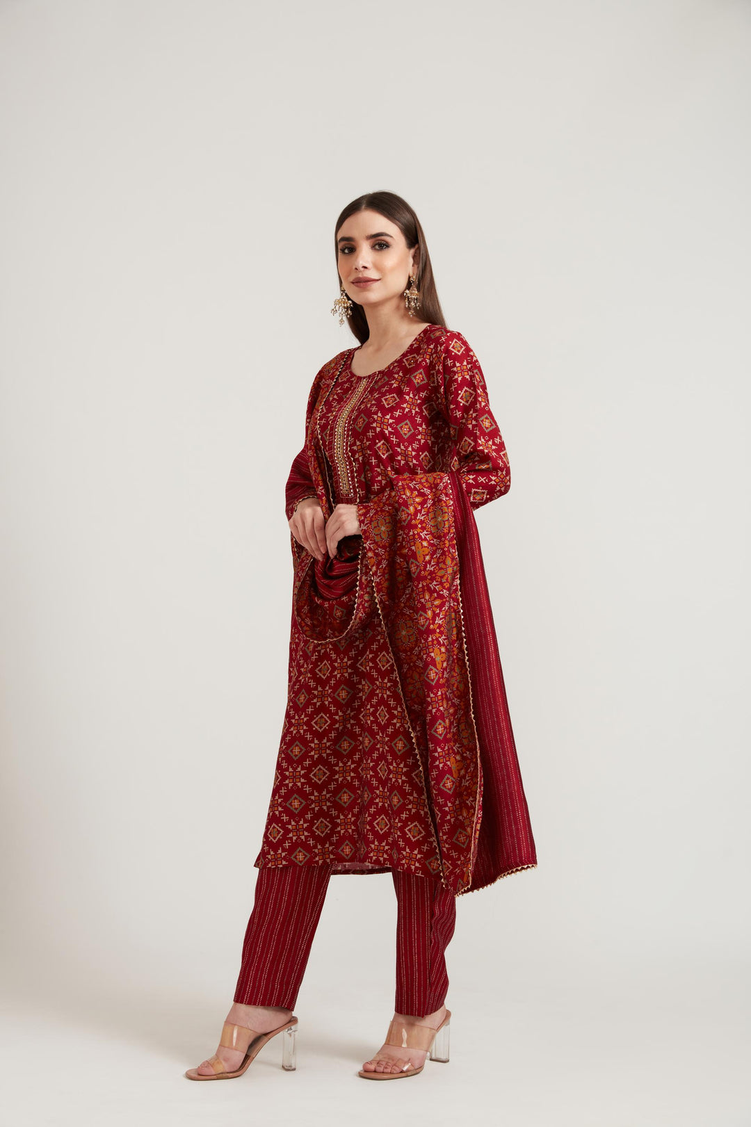 Neerus Maroon Color Muslin Fabric Suit Set