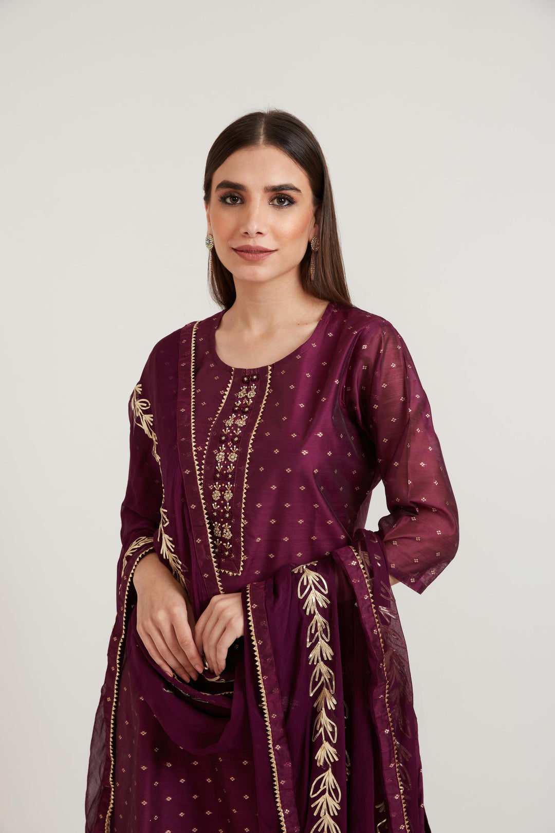 Neerus Purple Chanderi printed suit set - front view