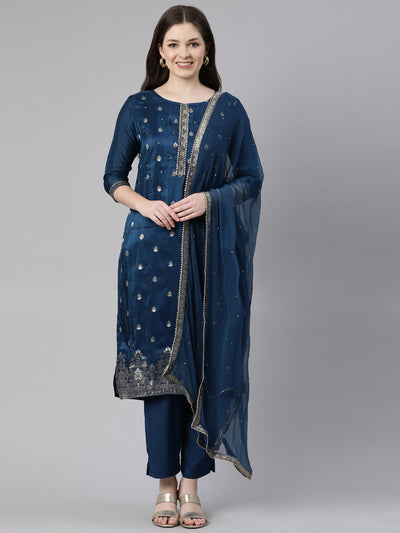 Neerus Blue Regular Knee Length Printed Kurta Solid Trousers With Dupatta