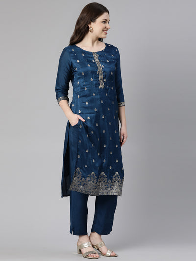 Neerus Blue Regular Knee Length Printed Kurta Solid Trousers With Dupatta