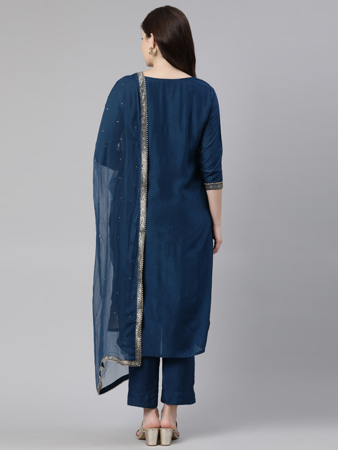 Neerus Blue Regular Knee Length Printed Kurta Solid Trousers With Dupatta