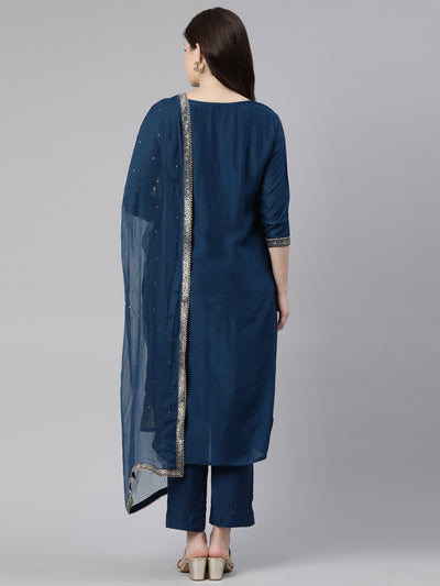 Neerus Blue Regular Knee Length Printed Kurta Solid Trousers With Dupatta