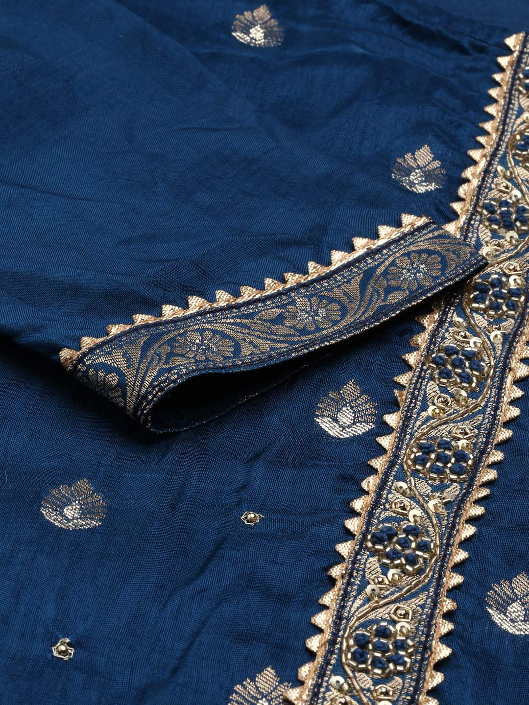 Neerus Blue Regular Knee Length Printed Kurta Solid Trousers With Dupatta