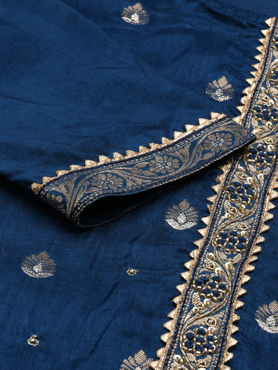 Neerus Blue Regular Knee Length Printed Kurta Solid Trousers With Dupatta