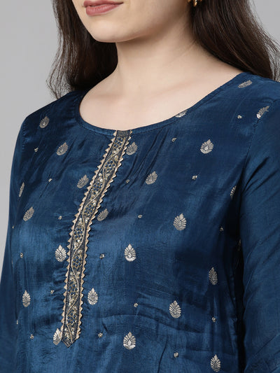 Neerus Blue Regular Knee Length Printed Kurta Solid Trousers With Dupatta