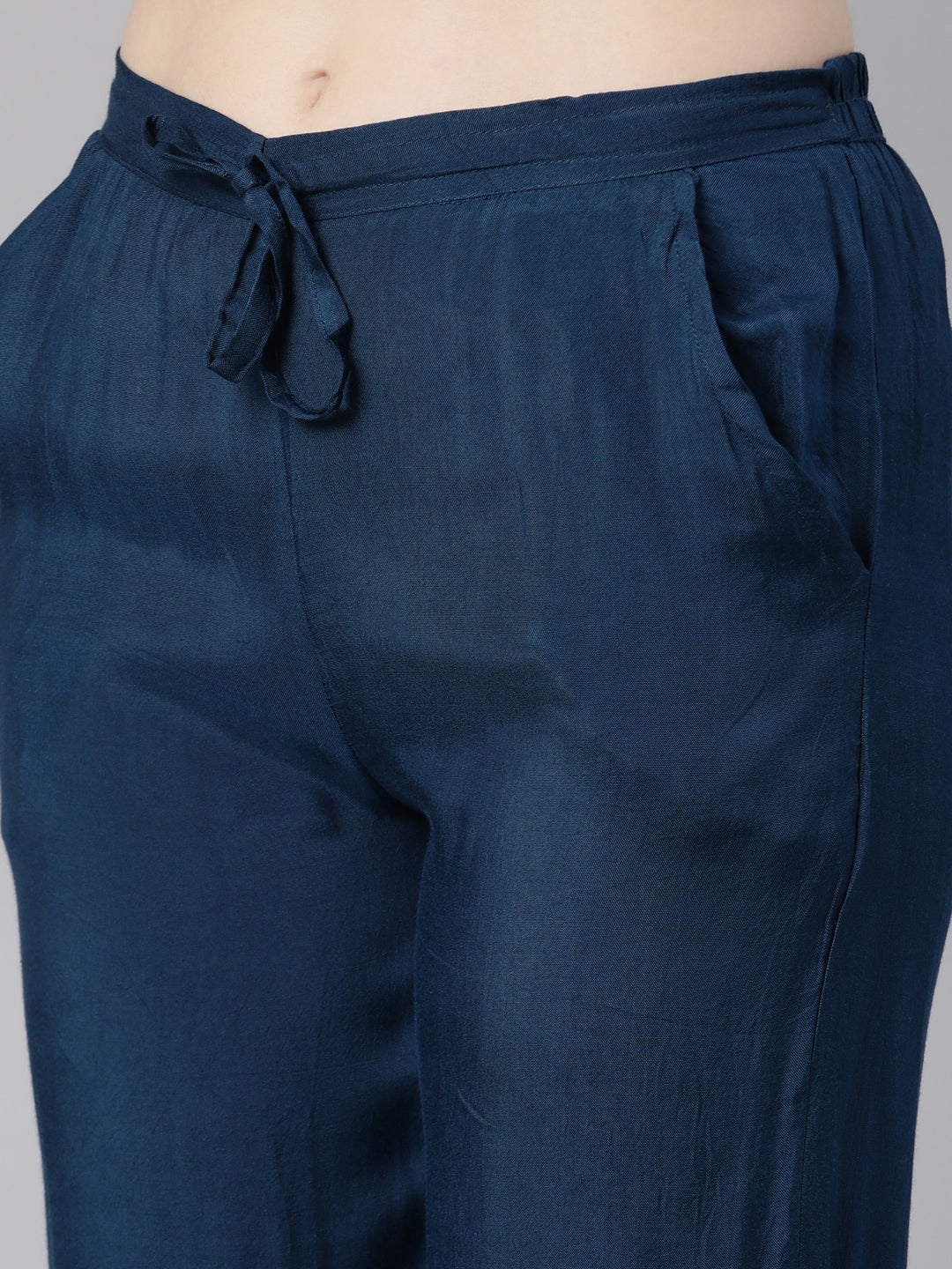 Neerus Blue Regular Knee Length Printed Kurta Solid Trousers With Dupatta