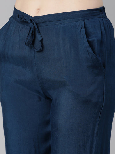 Neeru's Blue Regular Knee Length Printed Kurta Solid Trousers With Dupatta