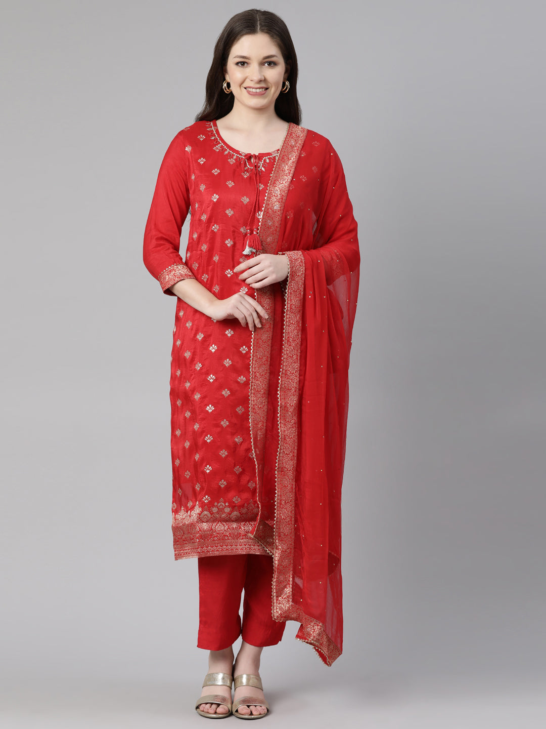 Neerus Red Regular Knee Length Printed Kurta Solid Trousers With Dupatta