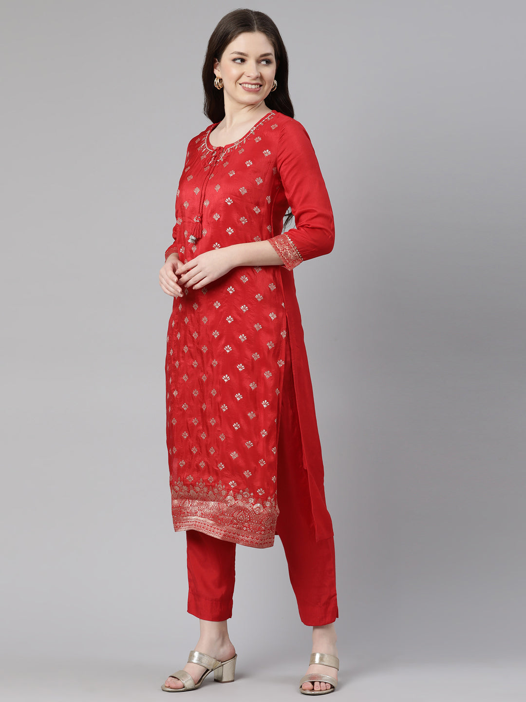 Neerus Red Regular Knee Length Printed Kurta Solid Trousers With Dupatta