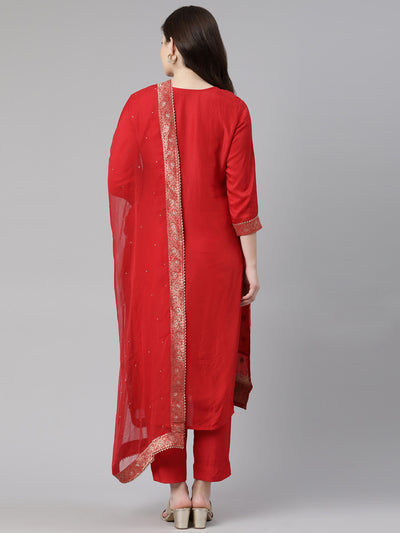 Neeru's Red Regular Knee Length Printed Kurta Solid Trousers With Dupatta