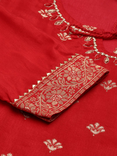 Neeru's Red Regular Knee Length Printed Kurta Solid Trousers With Dupatta