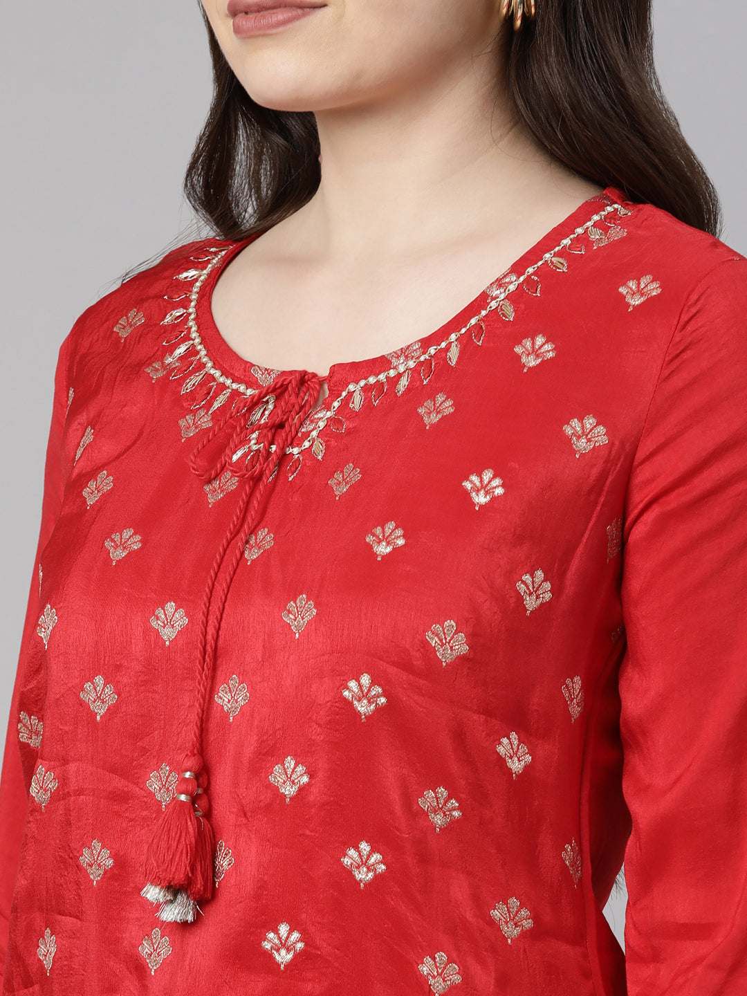 Neerus Red Regular Knee Length Printed Kurta Solid Trousers With Dupatta