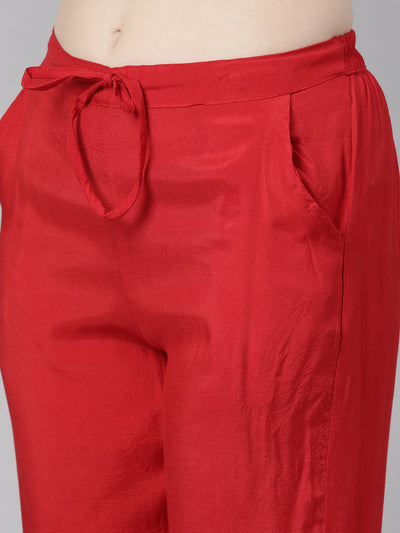 Neerus Red Regular Knee Length Printed Kurta Solid Trousers With Dupatta