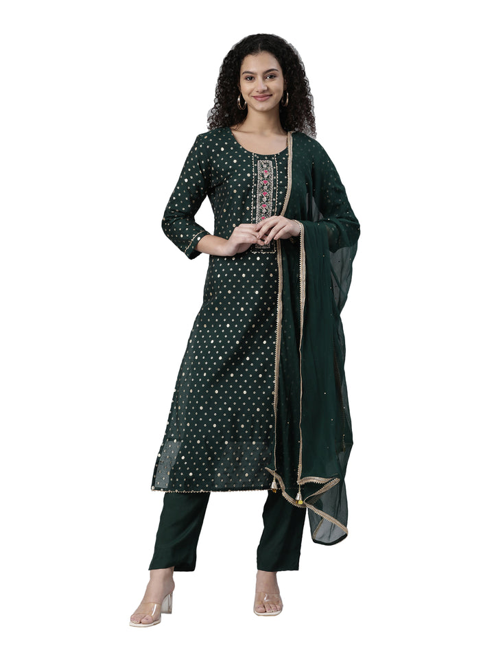 Neerus Green Regular Knee Length Printed Kurta Solid Trousers With Dupatta