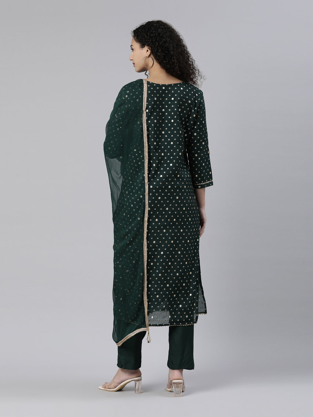 Neerus Green Regular Knee Length Printed Kurta Solid Trousers With Dupatta