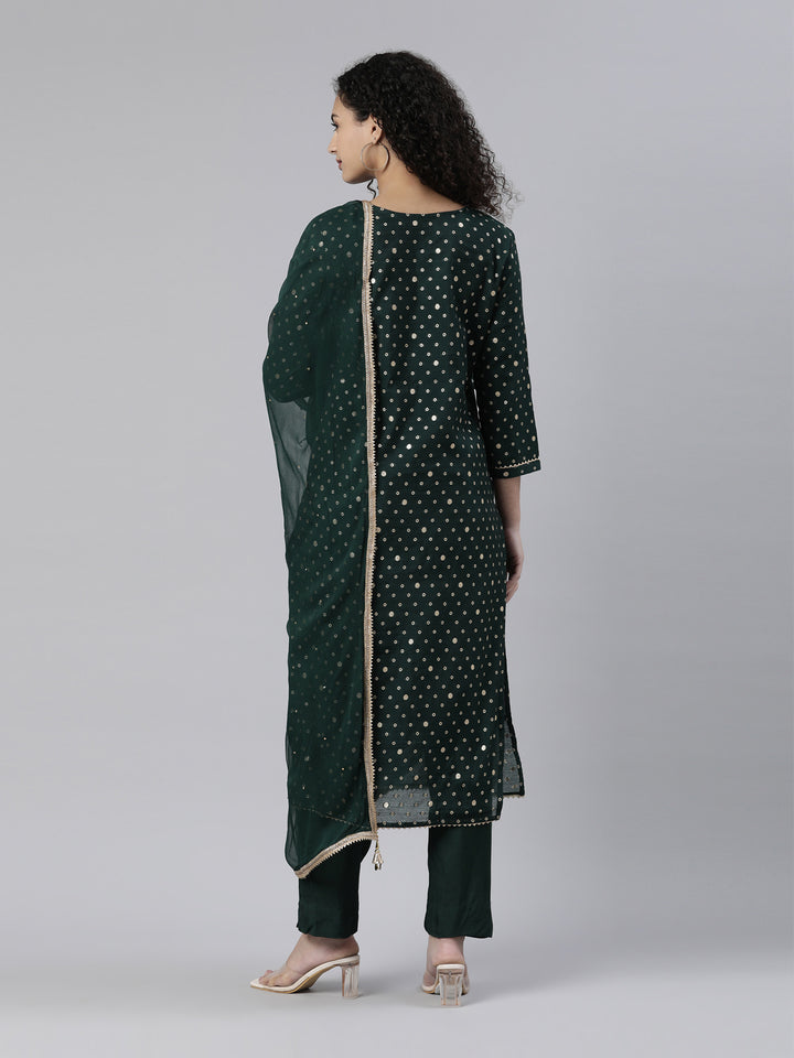 Neerus Green Regular Knee Length Printed Kurta Solid Trousers With Dupatta