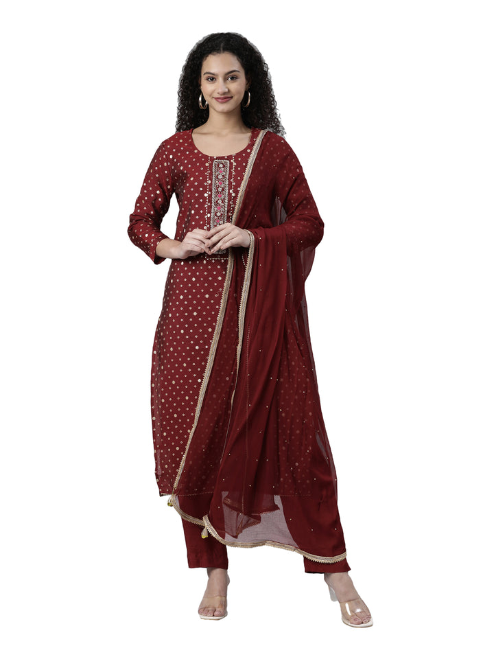 Neerus Maroon Regular Knee Length Printed Readymade suits