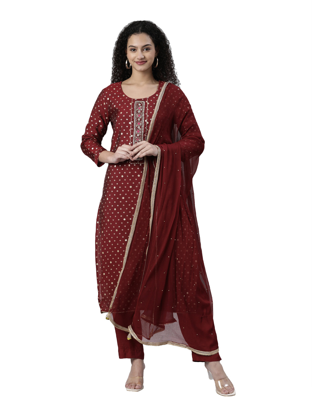 Neerus Maroon Regular Knee Length Printed Kurta Solid Trousers With Dupatta