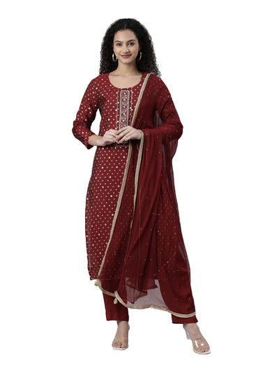 Neerus Maroon Regular Knee Length Printed Kurta Solid Trousers With Dupatta