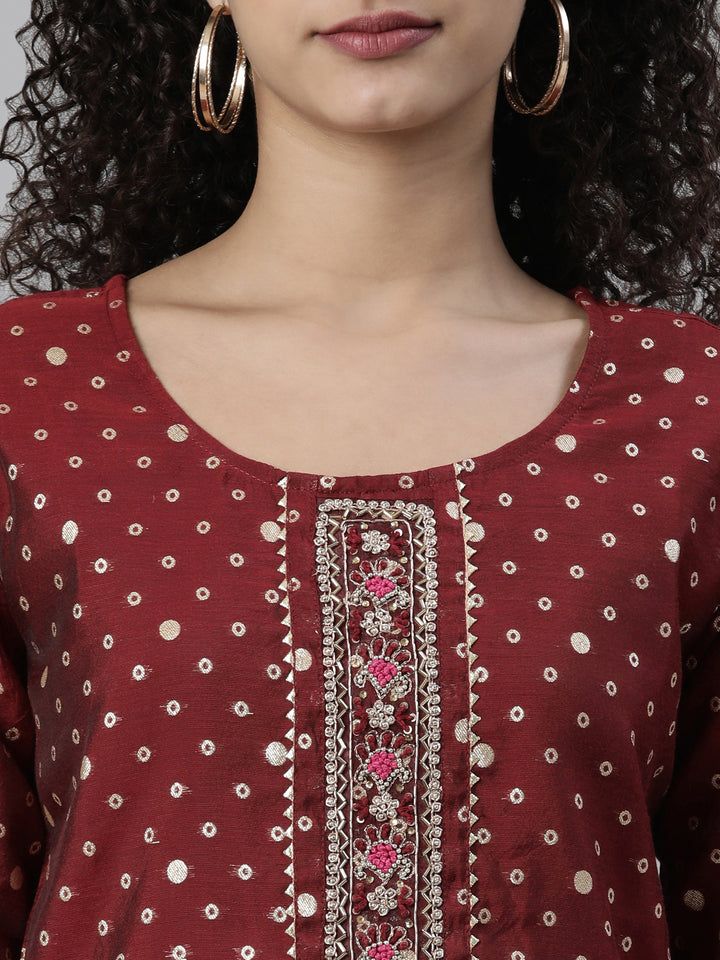 Neerus Maroon Regular Knee Length Printed Readymade suits