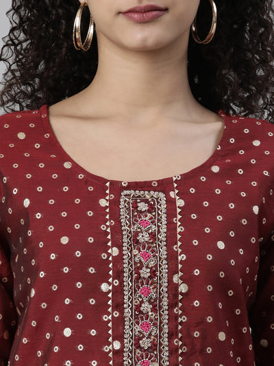 Neerus Maroon Regular Knee Length Printed Kurta Solid Trousers With Dupatta