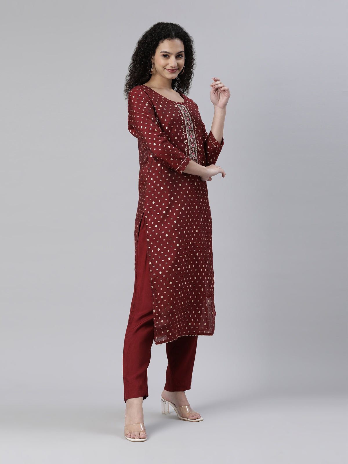 Neerus Maroon Regular Knee Length Printed Kurta Solid Trousers With Dupatta