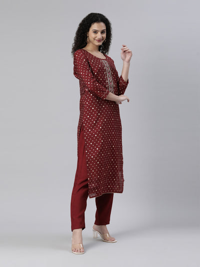 Neerus Maroon Regular Knee Length Printed Kurta Solid Trousers With Dupatta