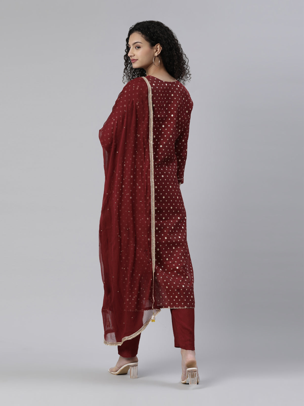 Neerus Maroon Regular Knee Length Printed Kurta Solid Trousers With Dupatta