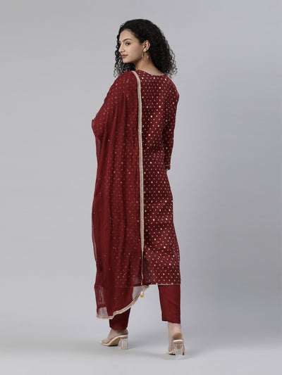 Neerus Maroon Regular Knee Length Printed Kurta Solid Trousers With Dupatta