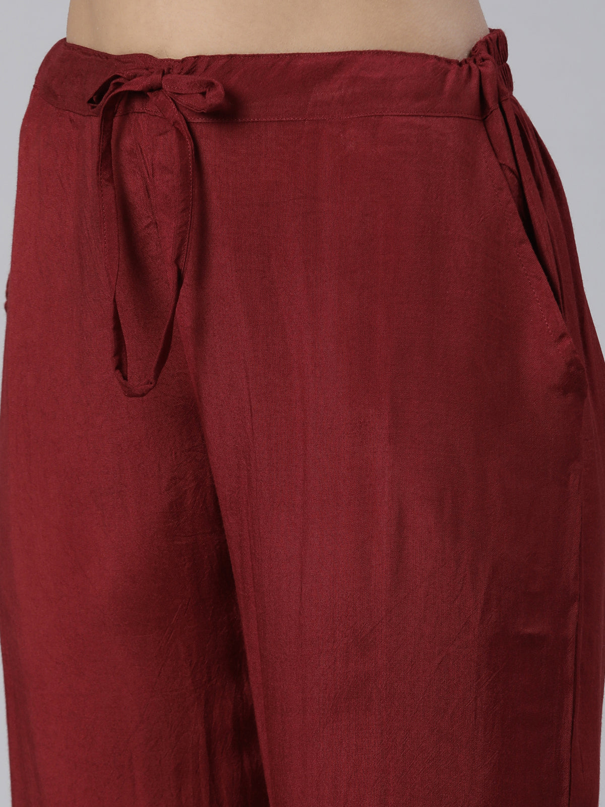 Neerus Maroon Regular Knee Length Printed Kurta Solid Trousers With Dupatta