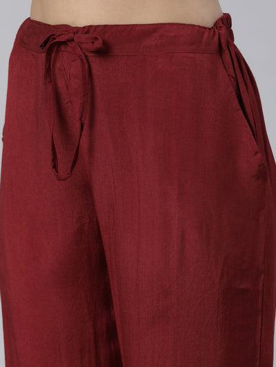Neerus Maroon Regular Knee Length Printed Kurta Solid Trousers With Dupatta