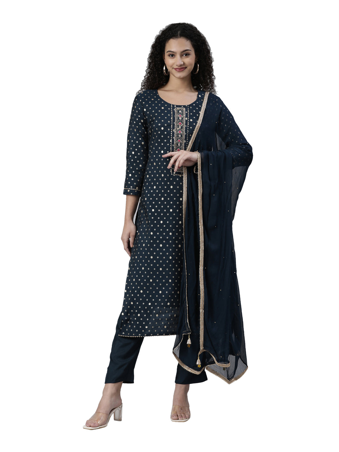 Neerus Blue Regular Knee Length Printed Readymade Suits