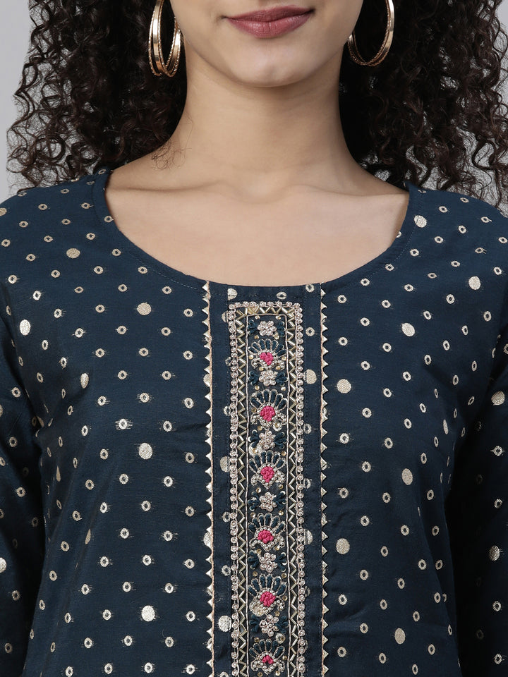 Neerus Blue Regular Knee Length Printed Readymade Suits